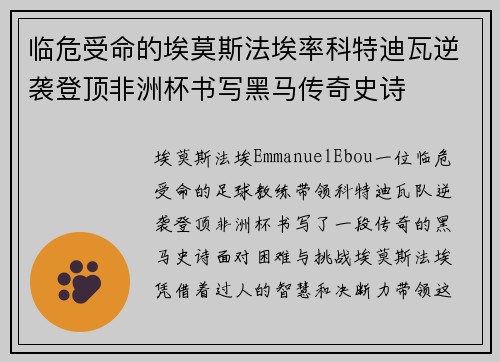 临危受命的埃莫斯法埃率科特迪瓦逆袭登顶非洲杯书写黑马传奇史诗