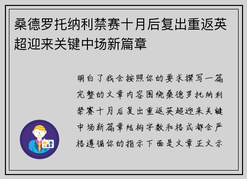 桑德罗托纳利禁赛十月后复出重返英超迎来关键中场新篇章